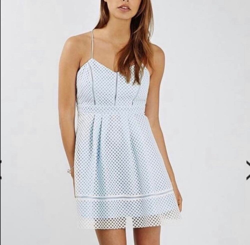 Topshop Lace Cut Spagetti Strap Flare Hem Dress Size 4 Blue White